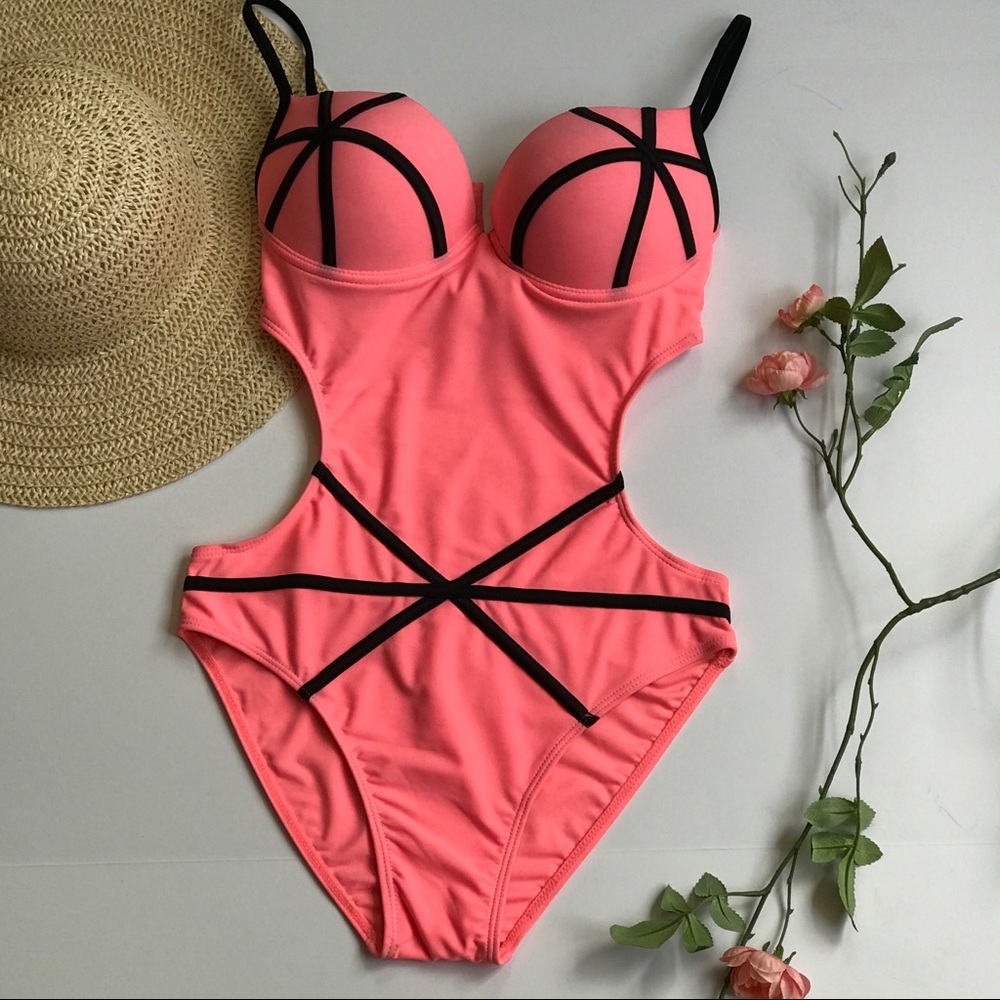 Peach blk trim onepiece  swimsuit bathingsuit